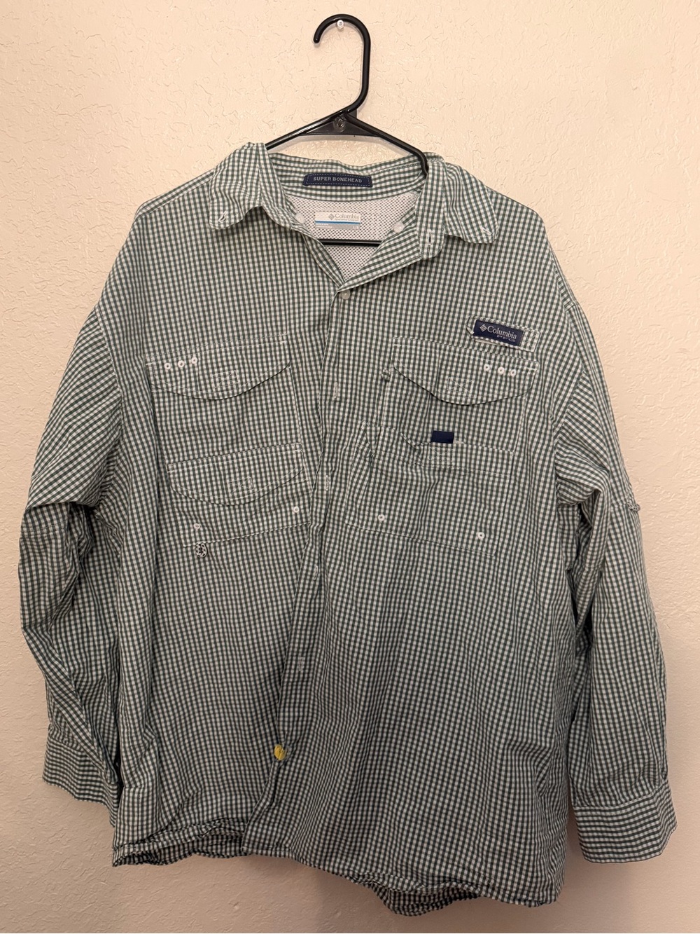 Columbia Men's Green and White Plaid Button-Down Shirt